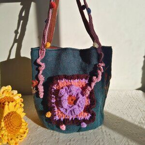 Hand-Knitted Embroidered Bucket Bag